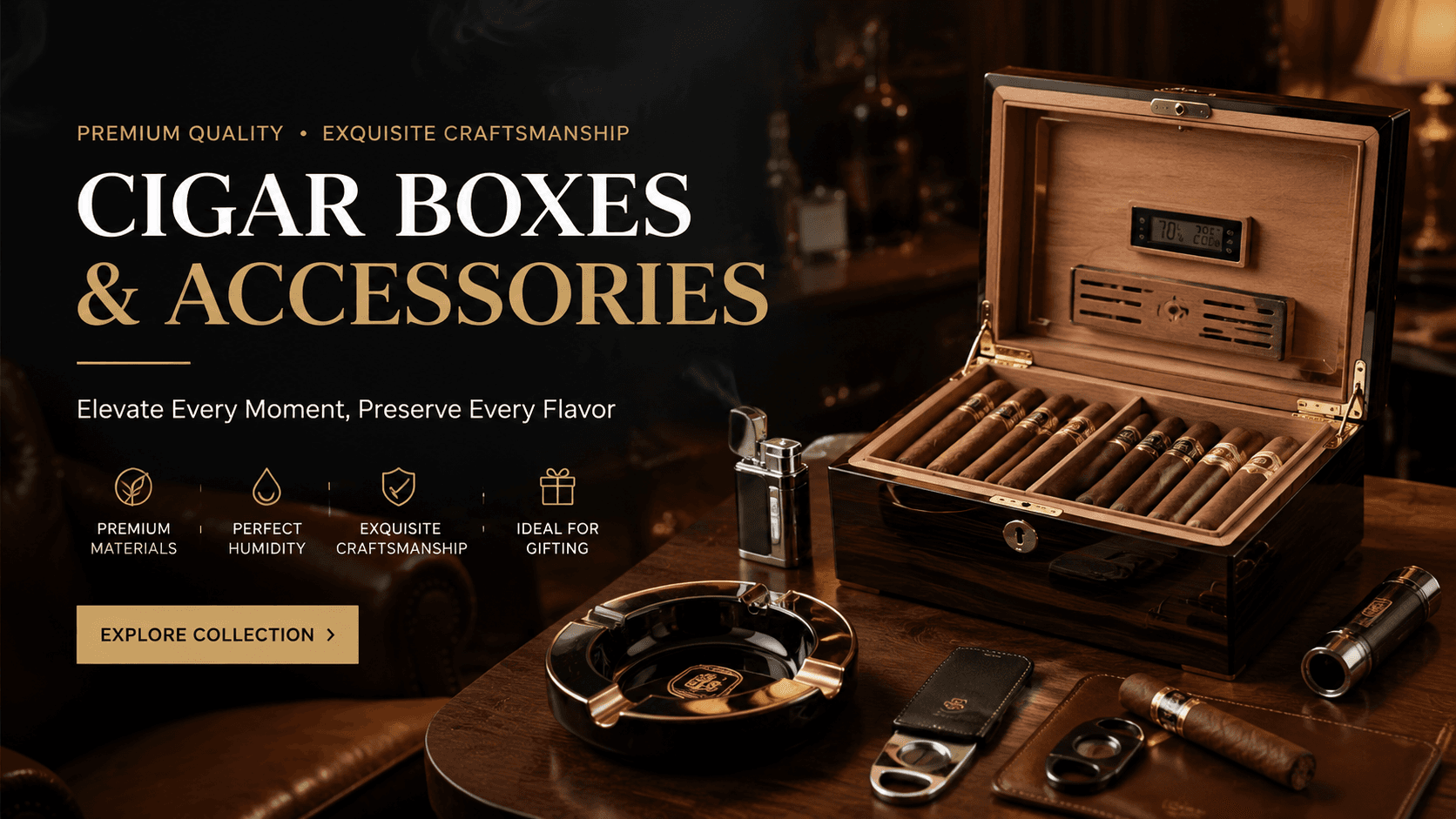 Premium wooden cigar humidor detail
